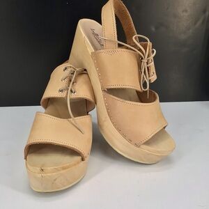 Loeffler Randall Beige Leather Open Toe Block Heel Clog Sandals Size 39 US 8.5